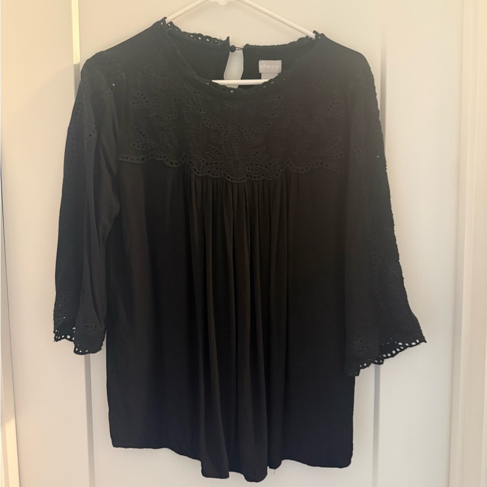 Chico's Black Eyelet Yoke Three-Quarter Sleeve Blouse